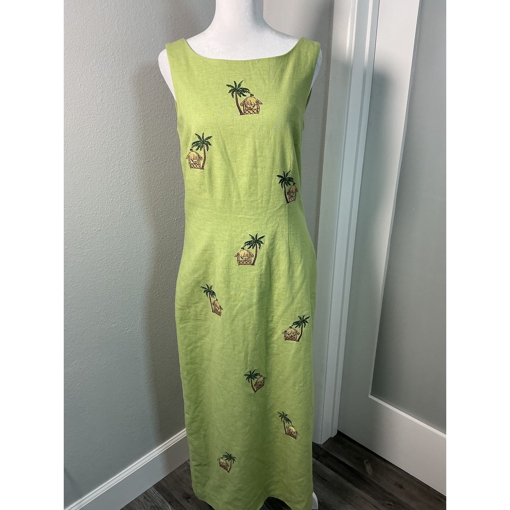 VTG Citi Dress Lime Green Embroidered Linen Blend Tropical Maxi Sheath Size 6